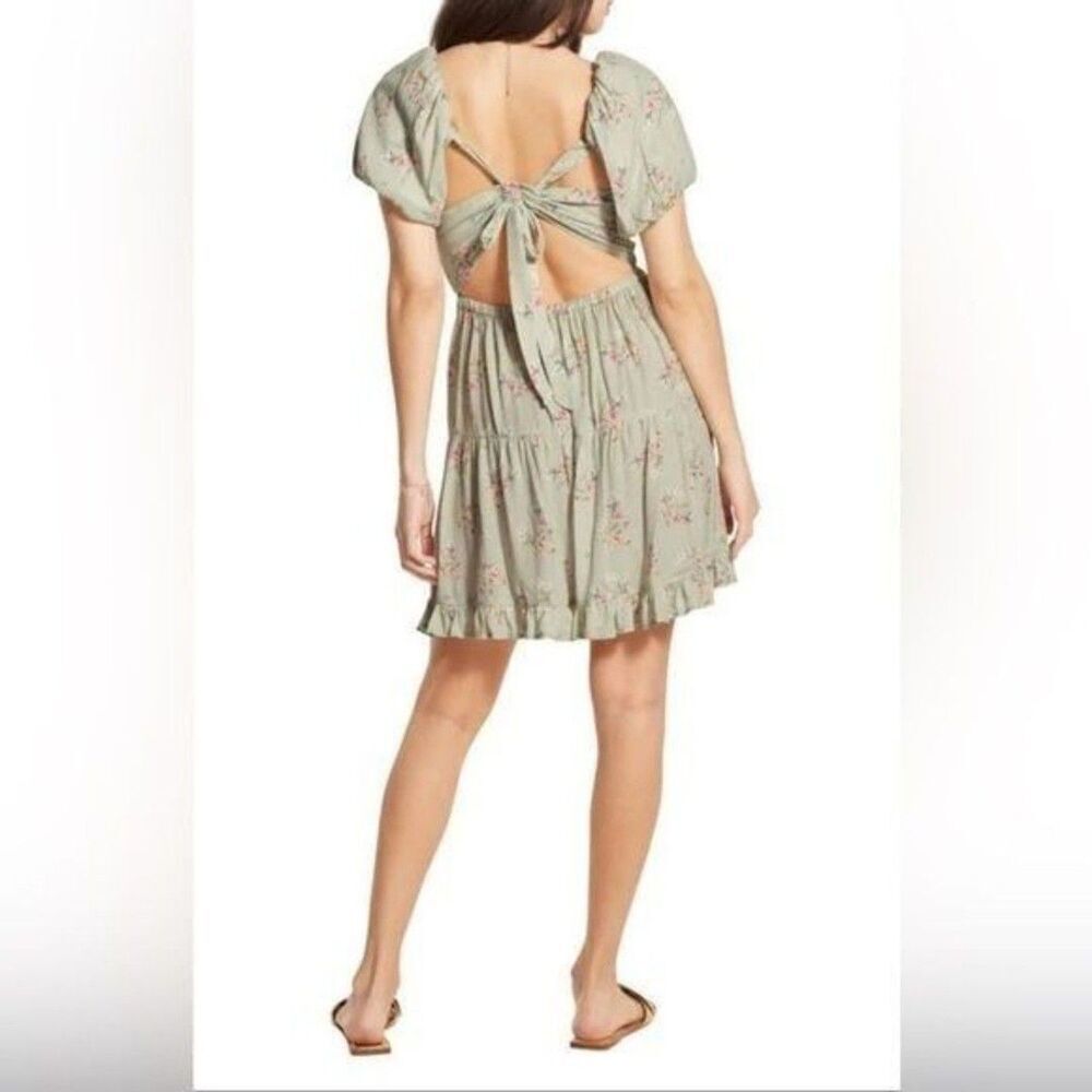 Wishlist Sage Green Floral Puff Sleeve Mini Dress L V-Neck Ruffle Hem